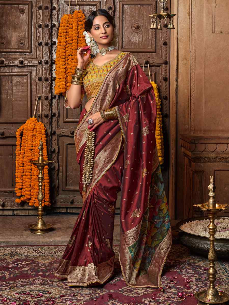 Maroon Pure Silk Handwoven Festival Casual Classic Style Saree