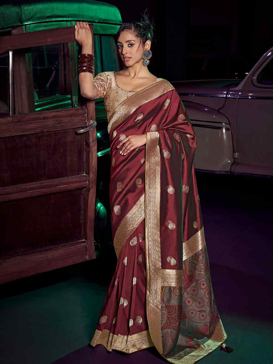 Maroon Pure Silk Handwoven with Embroidered Festival Wedding Fancy Heavy Border Saree