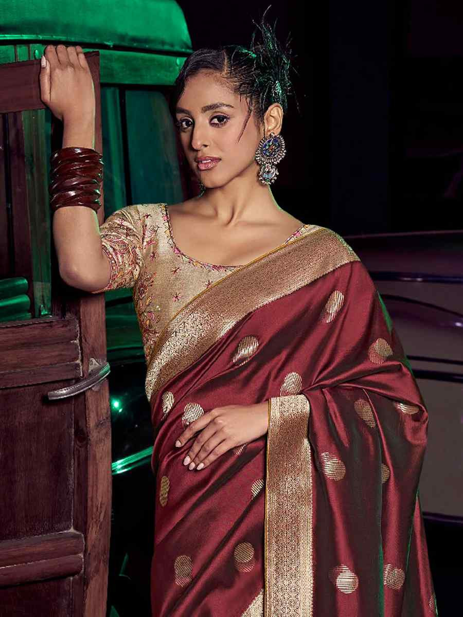 Maroon Pure Silk Handwoven with Embroidered Festival Wedding Fancy Heavy Border Saree