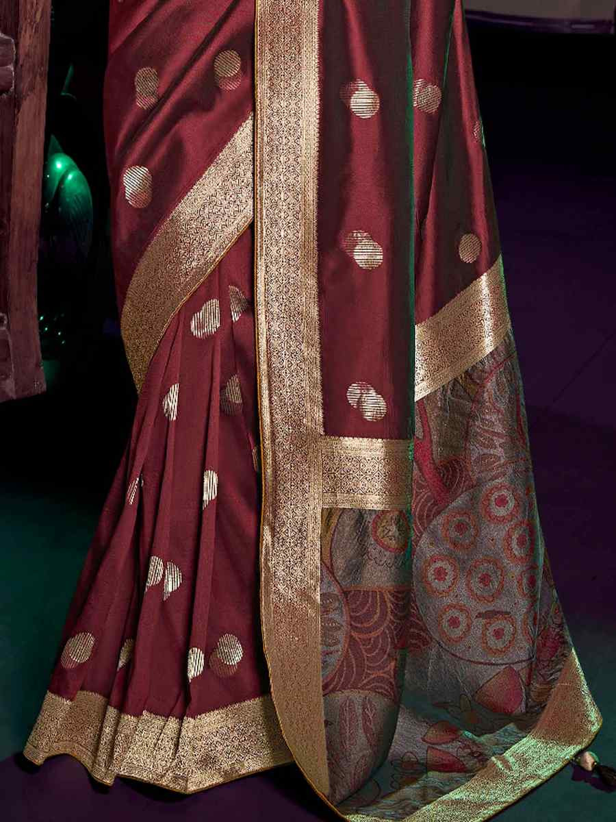 Maroon Pure Silk Handwoven with Embroidered Festival Wedding Fancy Heavy Border Saree