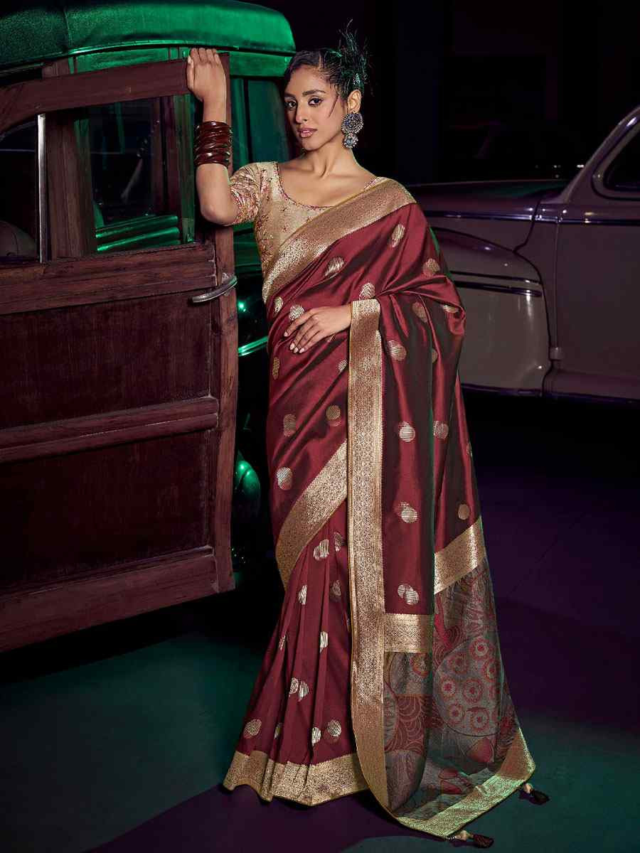 Maroon Pure Silk Printed Handwoven Traditional Bridal Reception Festival Wedding Fancy Heavy Border Sarees