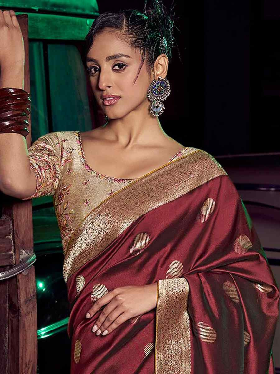 Maroon Pure Silk Printed Handwoven Traditional Bridal Reception Festival Wedding Fancy Heavy Border Sarees