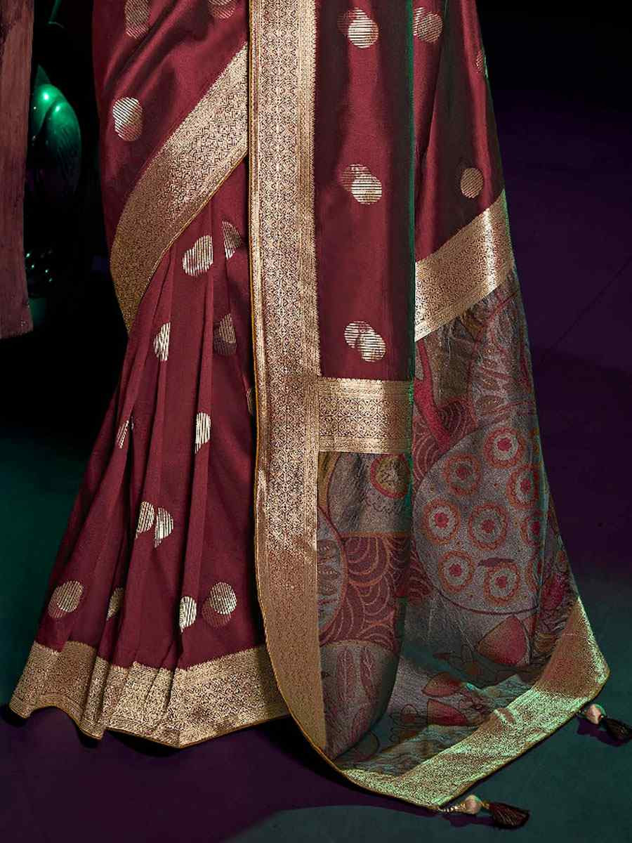 Maroon Pure Silk Printed Handwoven Traditional Bridal Reception Festival Wedding Fancy Heavy Border Sarees