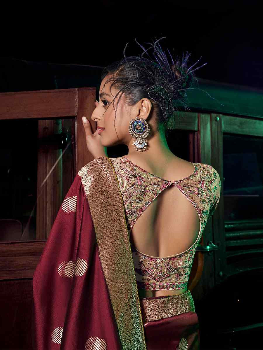 Maroon Pure Silk Printed Handwoven Traditional Bridal Reception Festival Wedding Fancy Heavy Border Sarees