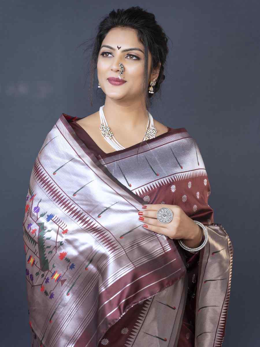 Maroon Pure Soft Paithani Silk Handwoven Wedding Festival Heavy Border Saree