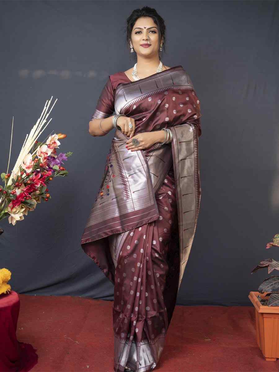 Maroon Pure Soft Paithani Silk Handwoven Wedding Festival Heavy Border Saree