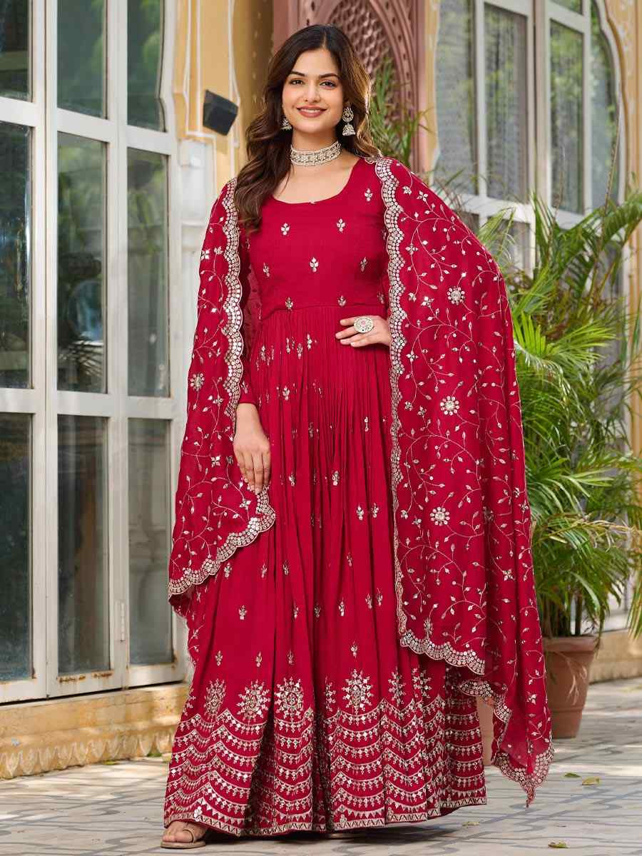 Maroon Pure Vichitra Silk Embroidered Festival Casual Gown