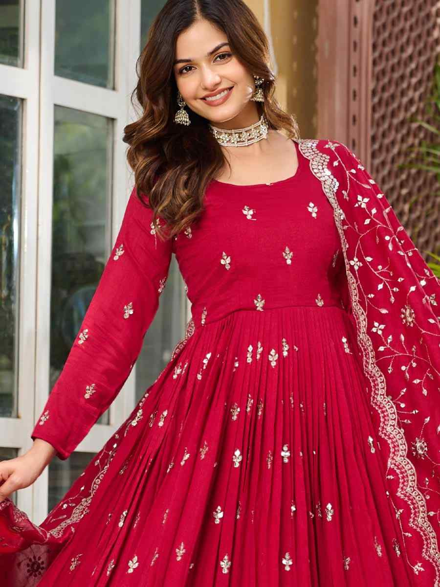 Maroon Pure Vichitra Silk Embroidered Festival Casual Gown