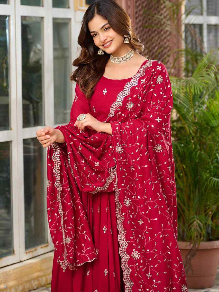 Maroon Pure Vichitra Silk Embroidered Festival Casual Gown