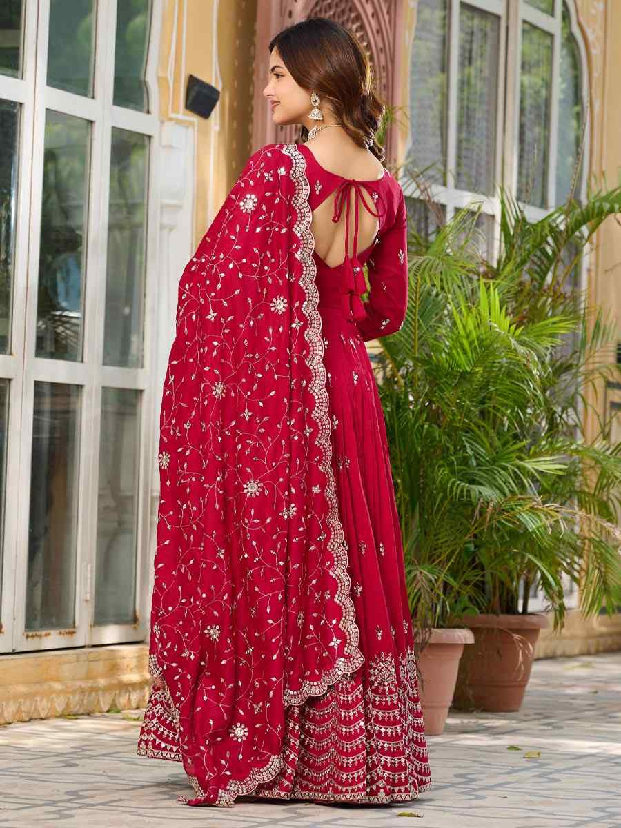 Maroon Pure Vichitra Silk Embroidered Festival Casual Gown