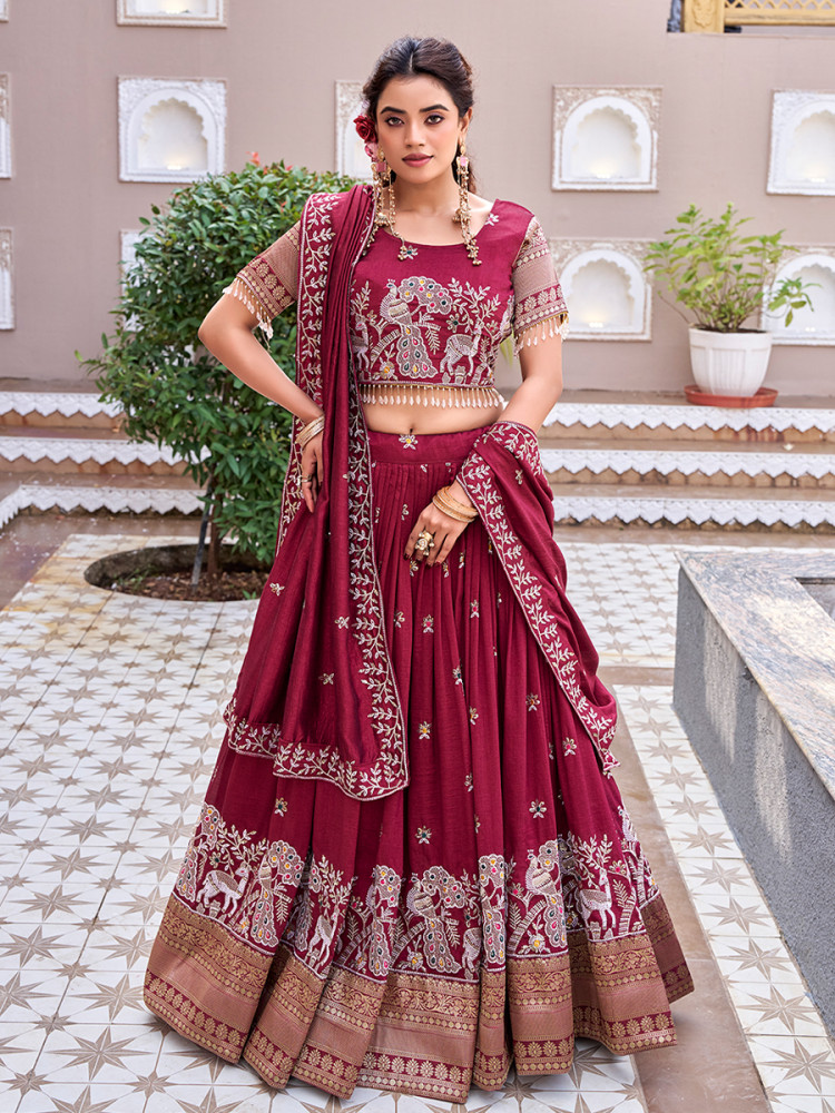 Image of Maroon Pure Vichitra Silk Embroidery Sequins Resham Zari Wedding Party Festival Ready Heavy Border Lehenga Choli