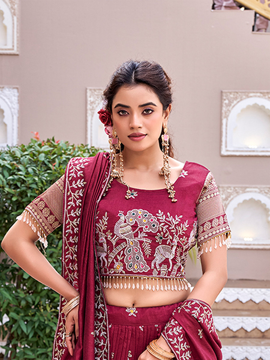 Maroon Pure Vichitra Silk Embroidery Sequins Resham Zari Wedding Party Festival Ready Heavy Border Lehenga Choli