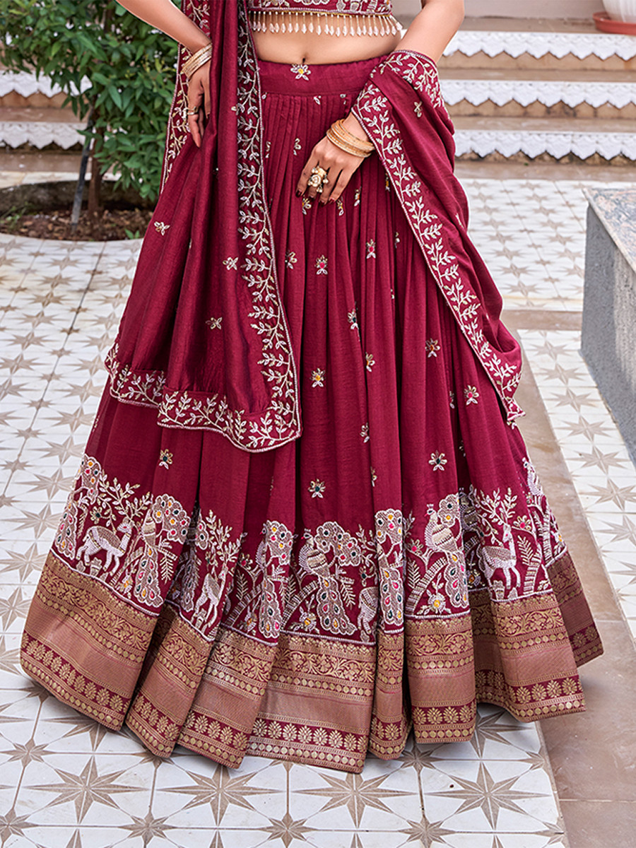 Maroon Pure Vichitra Silk Embroidery Sequins Resham Zari Wedding Party Festival Ready Heavy Border Lehenga Choli