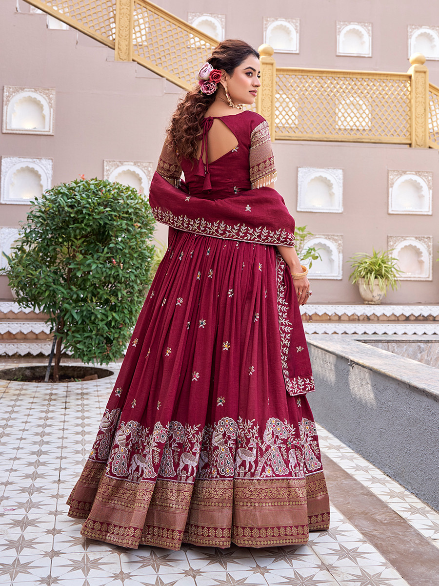 Maroon Pure Vichitra Silk Embroidery Sequins Resham Zari Wedding Party Festival Ready Heavy Border Lehenga Choli