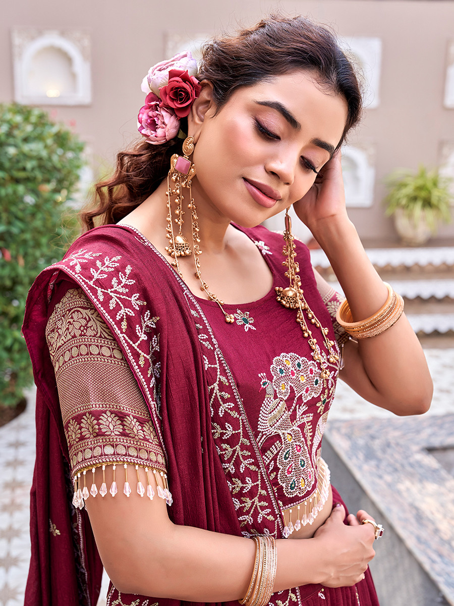 Maroon Pure Vichitra Silk Embroidery Sequins Resham Zari Wedding Party Festival Ready Heavy Border Lehenga Choli