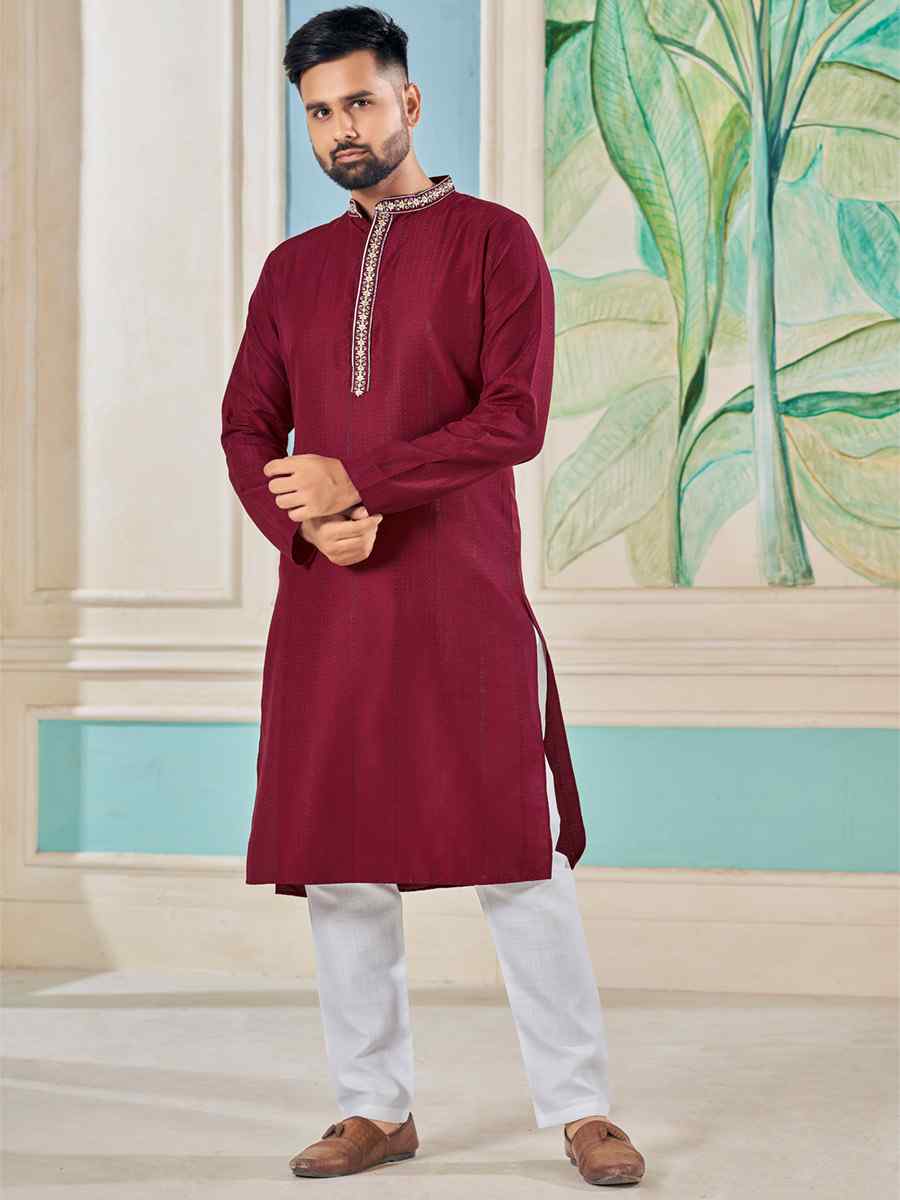Maroon Pure Viscose Embroidered Festival Casual Kurta