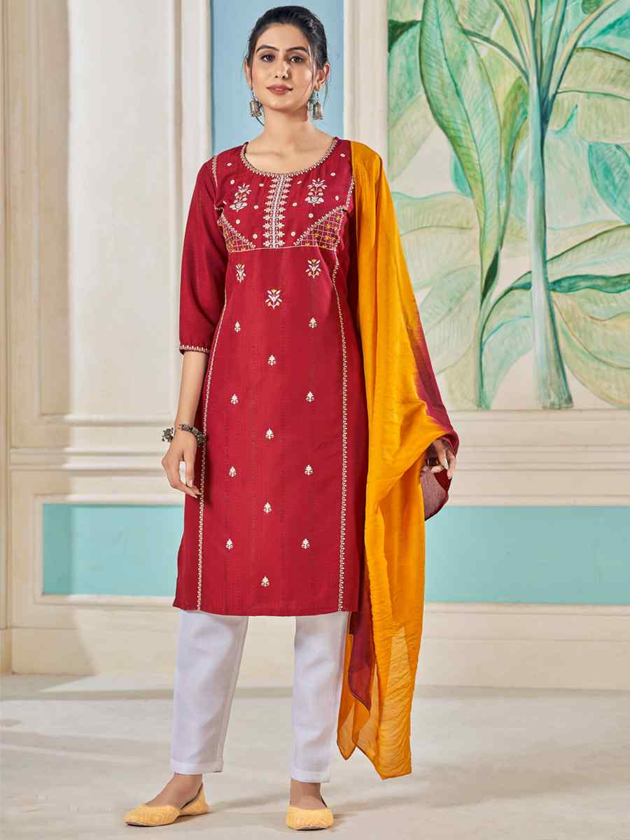 Maroon Pure Viscose Embroidered Festival Casual Ready Pant Salwar Kameez