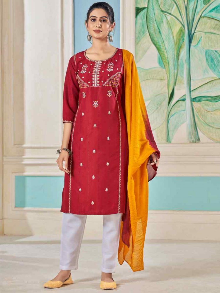 Maroon Pure Viscose Embroidered Festival Casual Ready Pant Salwar Kameez