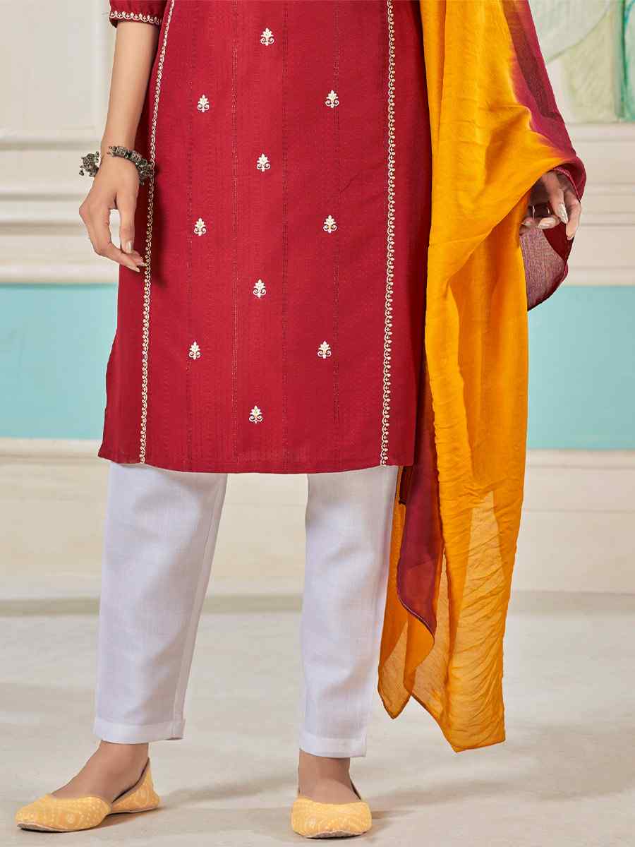 Maroon Pure Viscose Embroidered Festival Casual Ready Pant Salwar Kameez