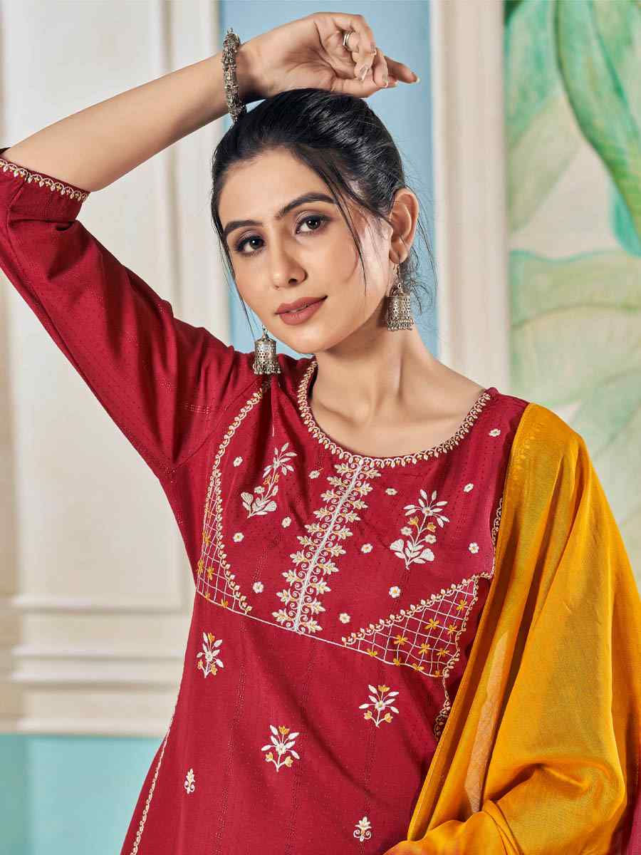 Maroon Pure Viscose Embroidered Festival Casual Ready Pant Salwar Kameez