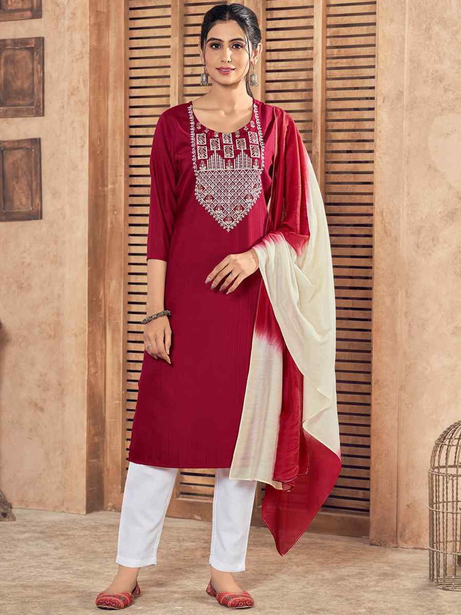 Maroon Pure Viscose Embroidered Festival Casual Ready Pant Salwar Kameez