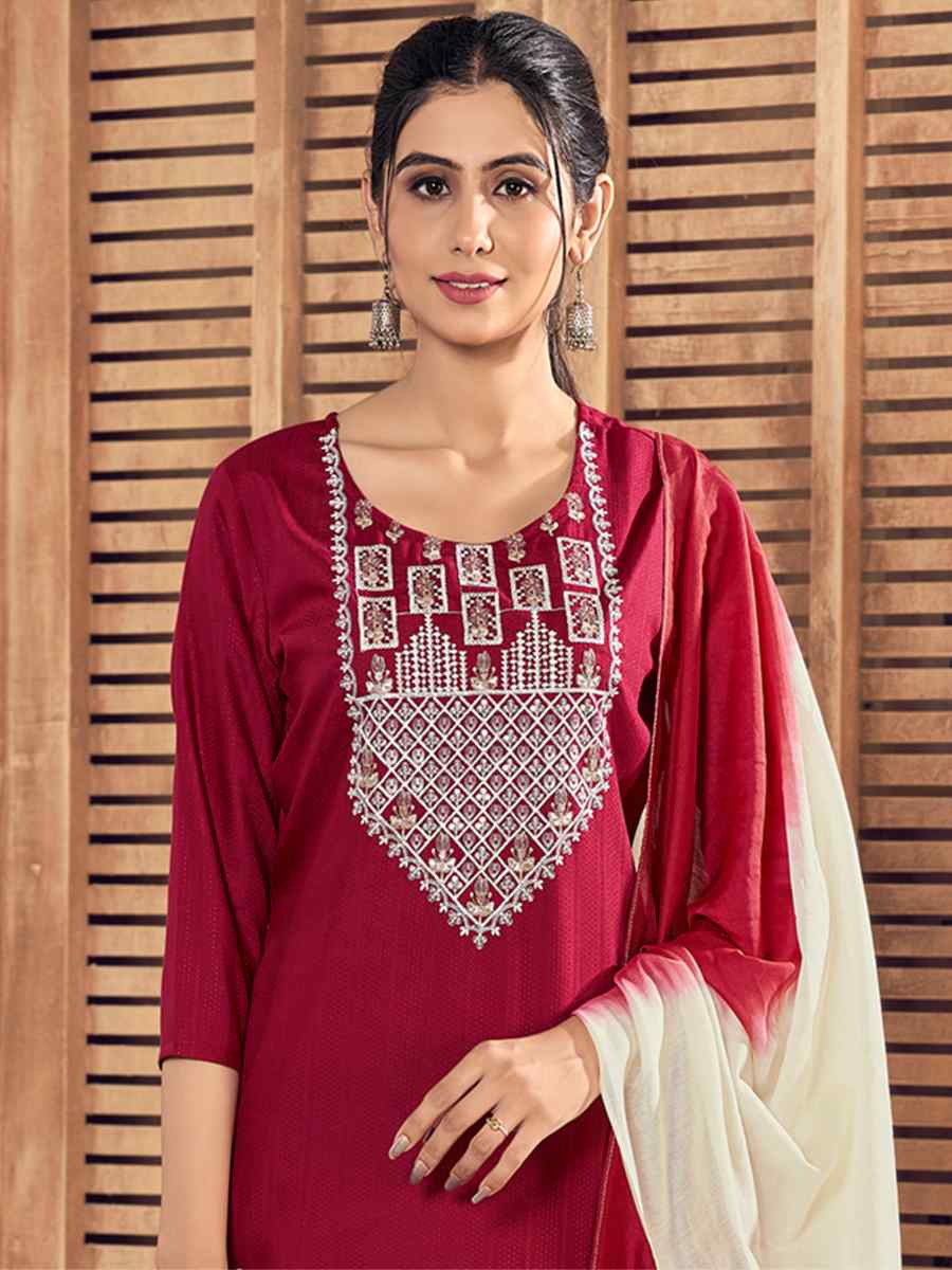 Maroon Pure Viscose Embroidered Festival Casual Ready Pant Salwar Kameez