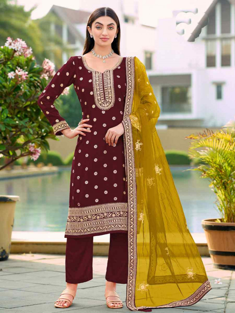 Image of Maroon Pure Viscose Jacquard Silk Embroidery Party Wedding Festival Casual Ready Pant Salwar Kameez