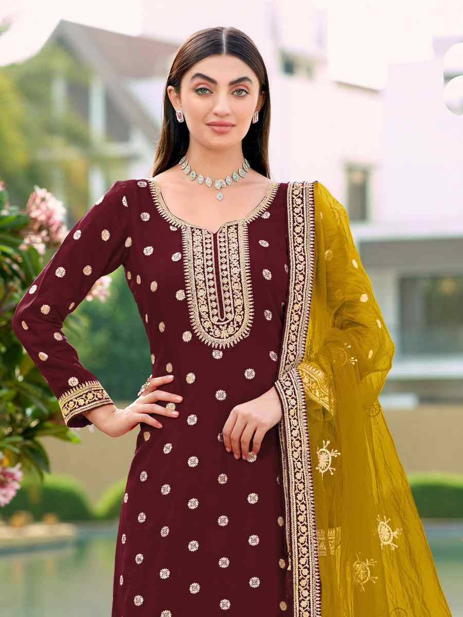 Maroon Pure Viscose Jacquard Silk Embroidery Party Wedding Festival Casual Ready Pant Salwar Kameez