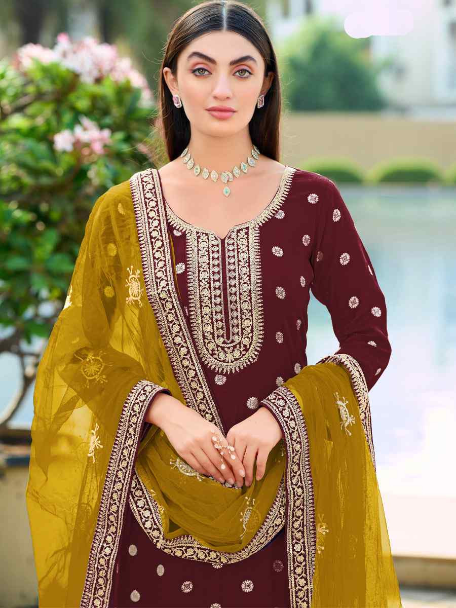 Maroon Pure Viscose Jacquard Silk Embroidery Party Wedding Festival Casual Ready Pant Salwar Kameez