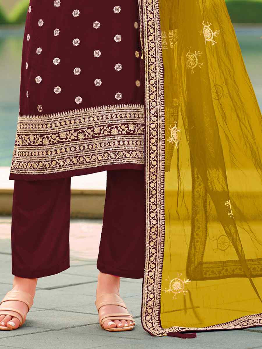 Maroon Pure Viscose Jacquard Silk Embroidery Party Wedding Festival Casual Ready Pant Salwar Kameez