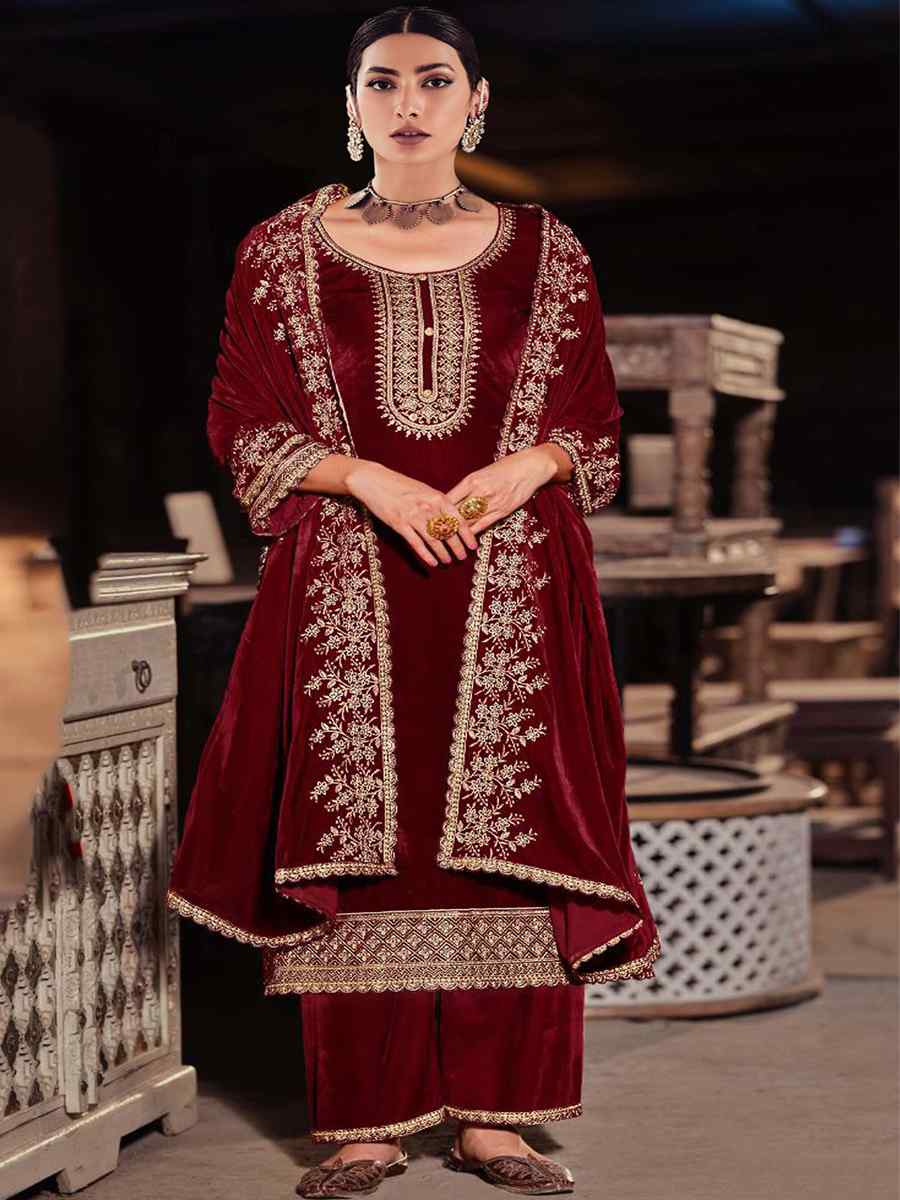 Maroon Pure Viscose Velvet Embroidered Festival Wedding Palazzo Pant Salwar Kameez