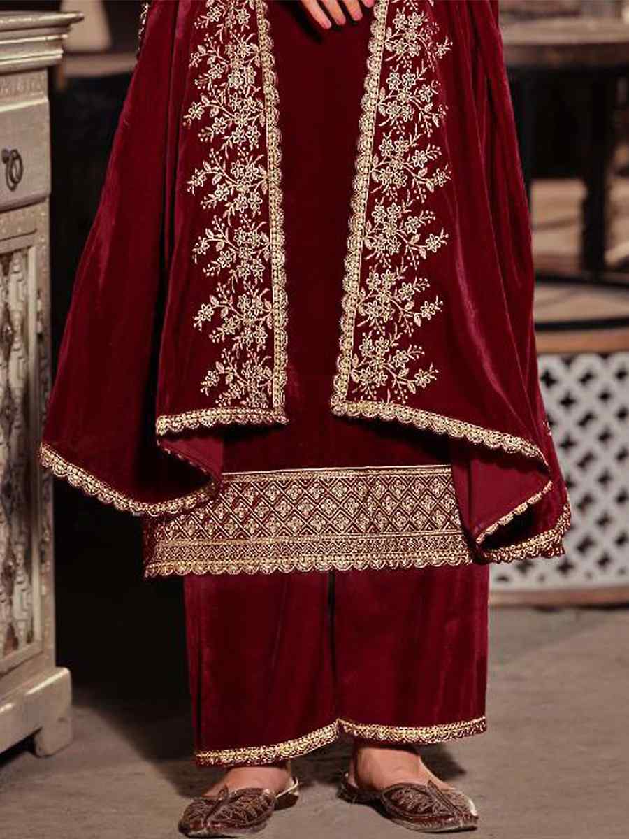 Maroon Pure Viscose Velvet Embroidered Festival Wedding Palazzo Pant Salwar Kameez
