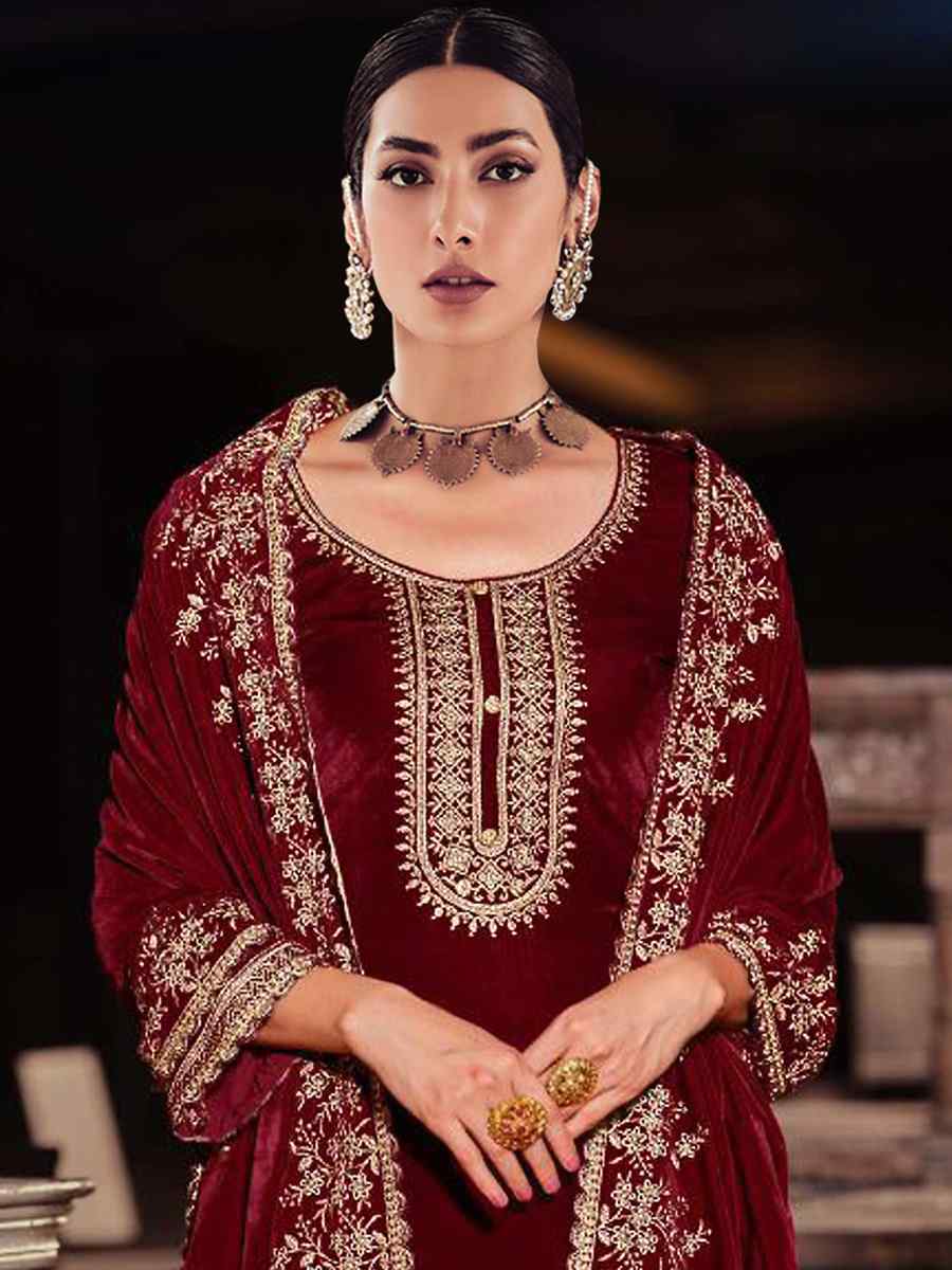 Maroon Pure Viscose Velvet Embroidered Festival Wedding Palazzo Pant Salwar Kameez