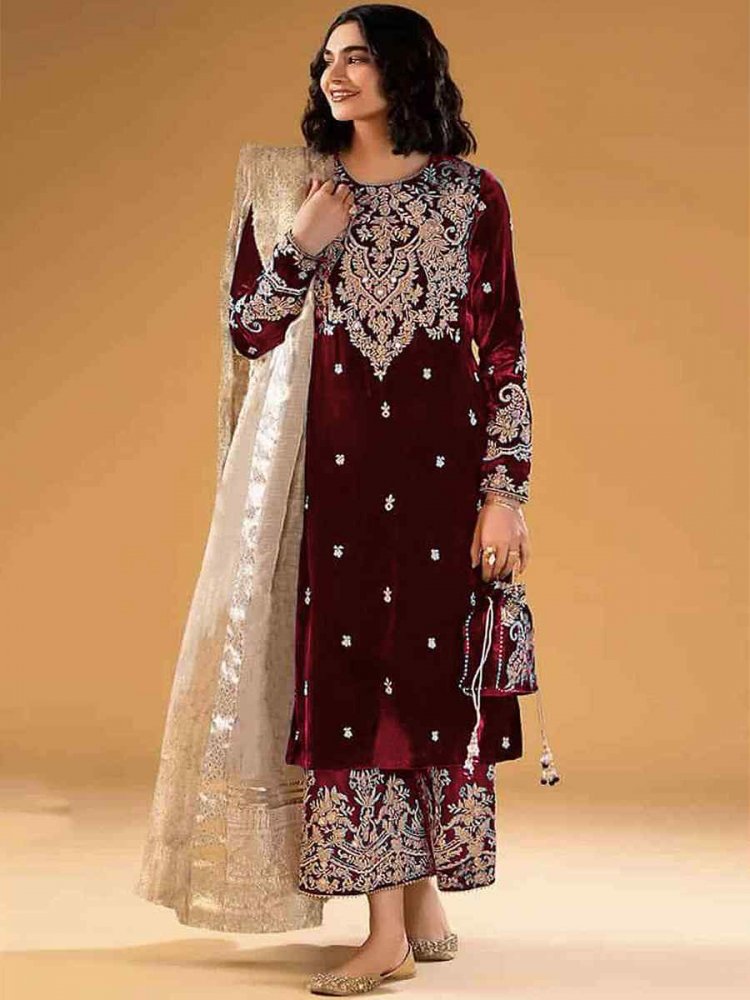 Maroon Pure Viscose Velvet Embroidered Festival Wedding Pant Salwar Kameez