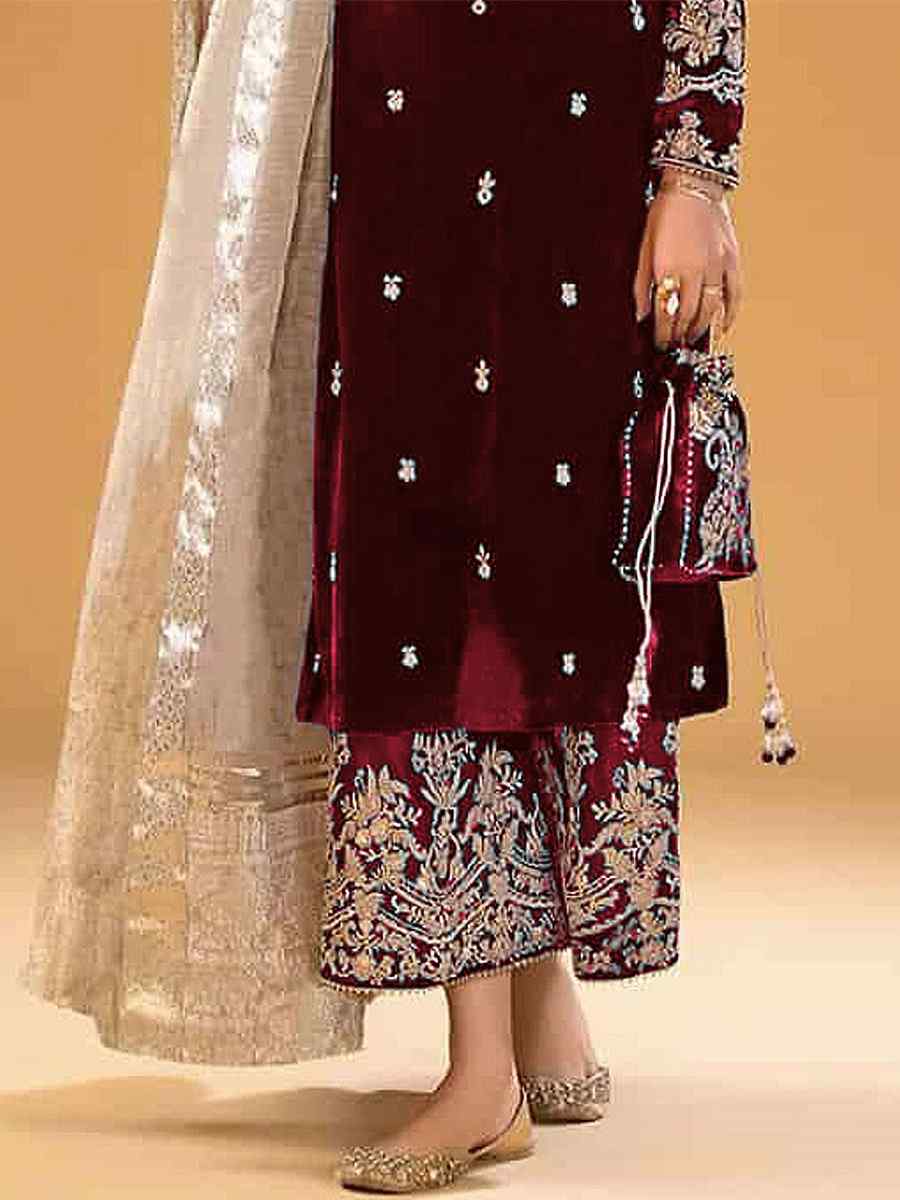 Maroon Pure Viscose Velvet Embroidered Festival Wedding Pant Salwar Kameez