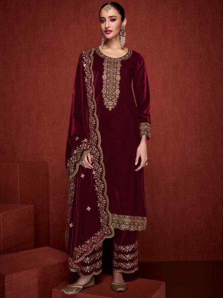 Maroon Pure Viscose Velvet Embroidered Mehendi Wedding Pant Salwar Kameez