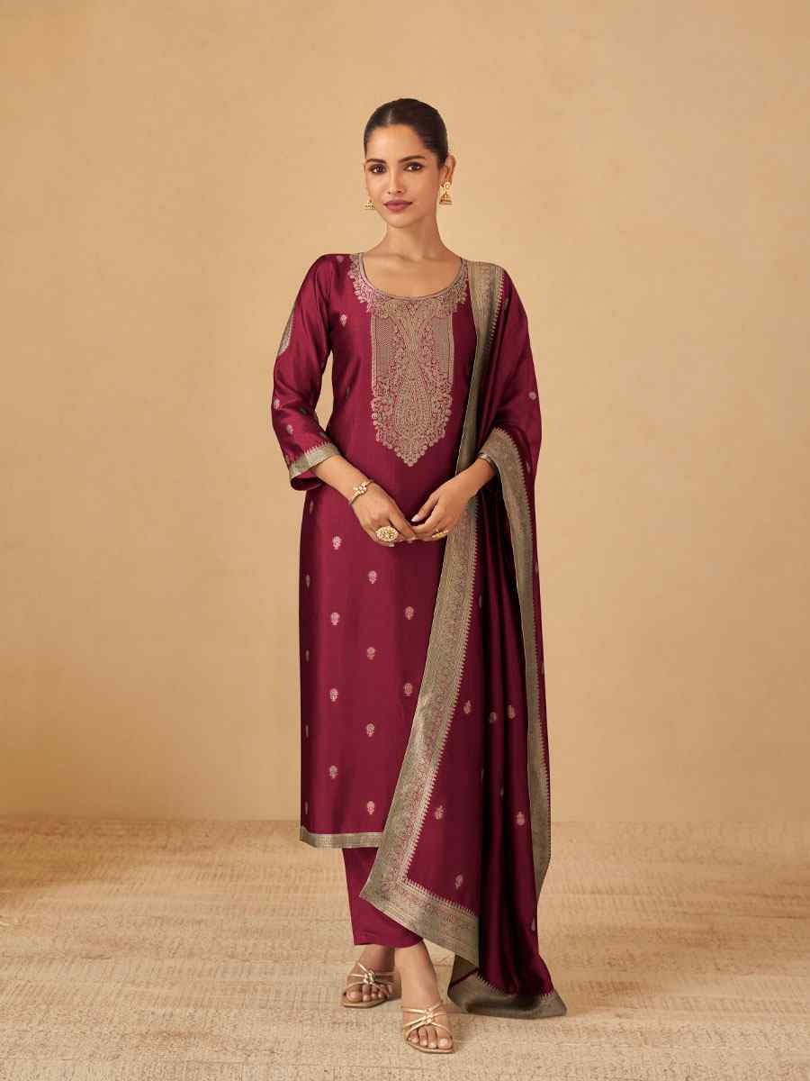 Maroon Puremium Viscose Silk Jacquard Handwoven Festival Wedding Pant Salwar Kameez