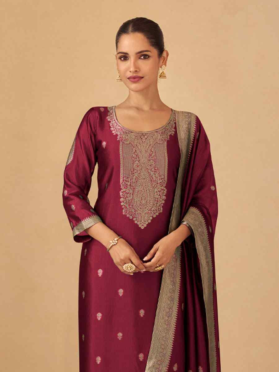 Maroon Puremium Viscose Silk Jacquard Handwoven Festival Wedding Pant Salwar Kameez