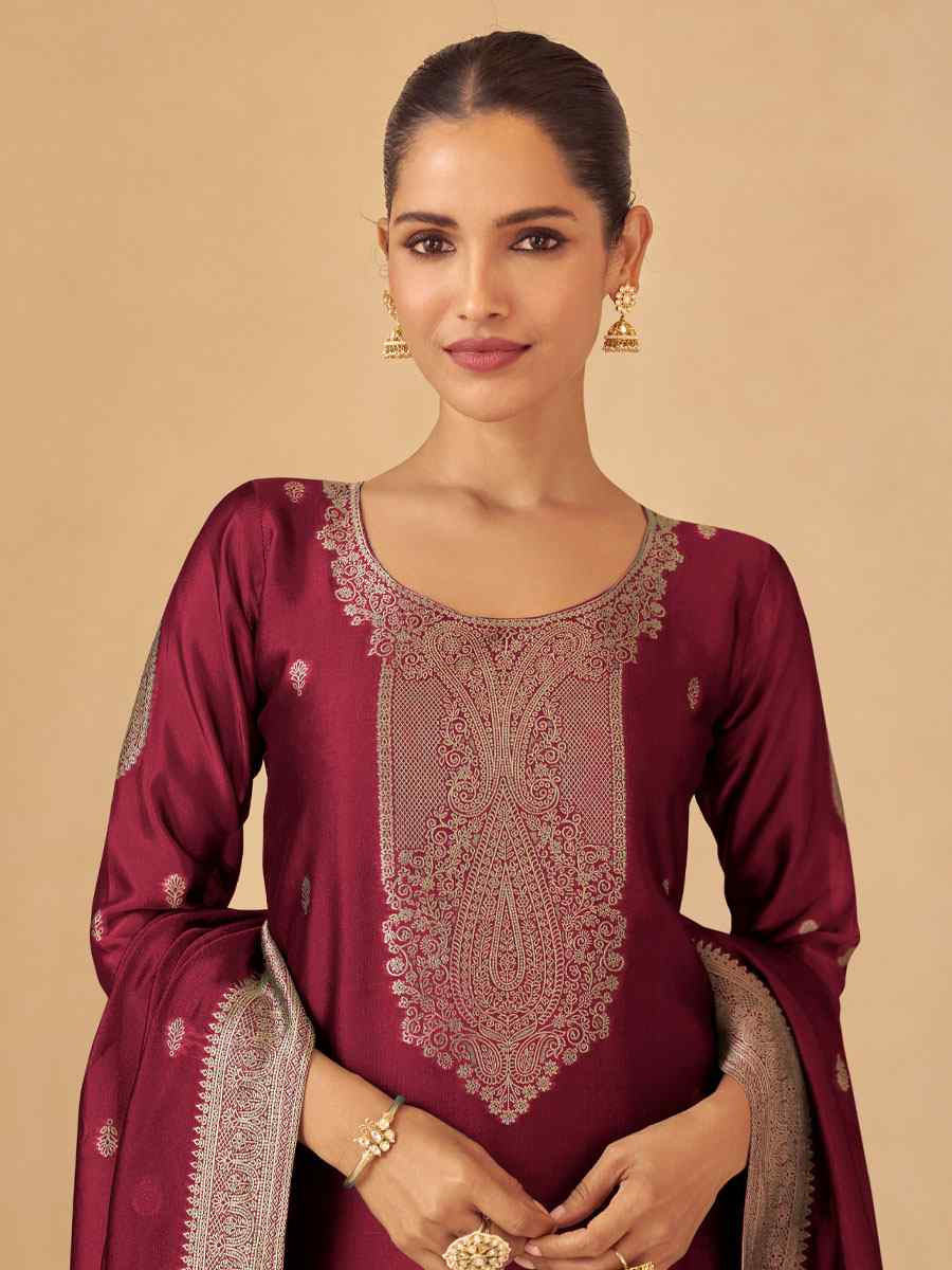 Maroon Puremium Viscose Silk Jacquard Handwoven Festival Wedding Pant Salwar Kameez