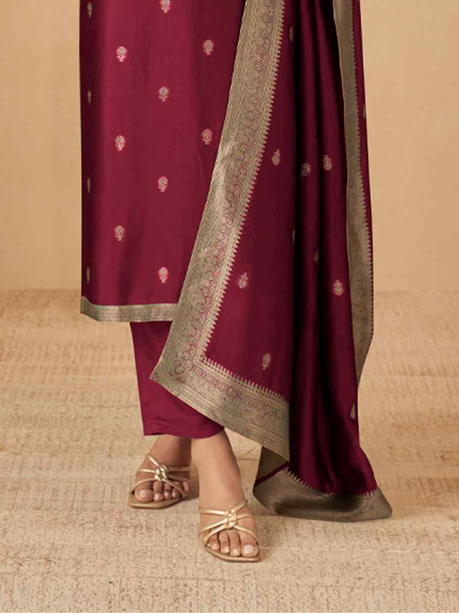 Maroon Puremium Viscose Silk Jacquard Handwoven Festival Wedding Pant Salwar Kameez