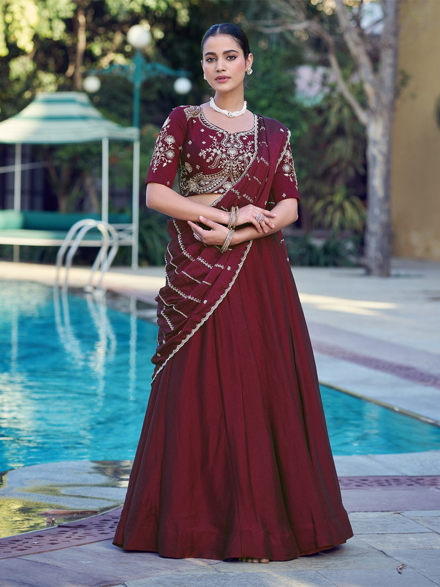 Maroon Rangoli Crush Silk Embroidery Sequins Wedding Reception Party Wear Festival Circular Lehenga Choli
