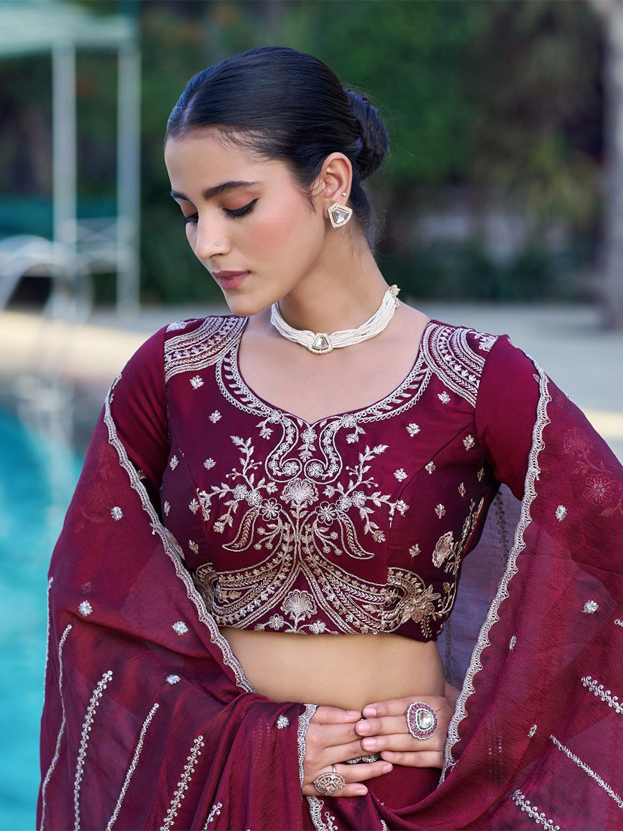 Maroon Rangoli Crush Silk Embroidery Sequins Wedding Reception Party Wear Festival Circular Lehenga Choli