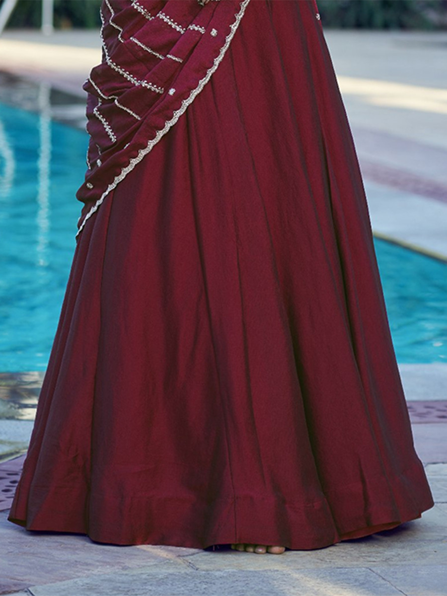 Maroon Rangoli Crush Silk Embroidery Sequins Wedding Reception Party Wear Festival Circular Lehenga Choli