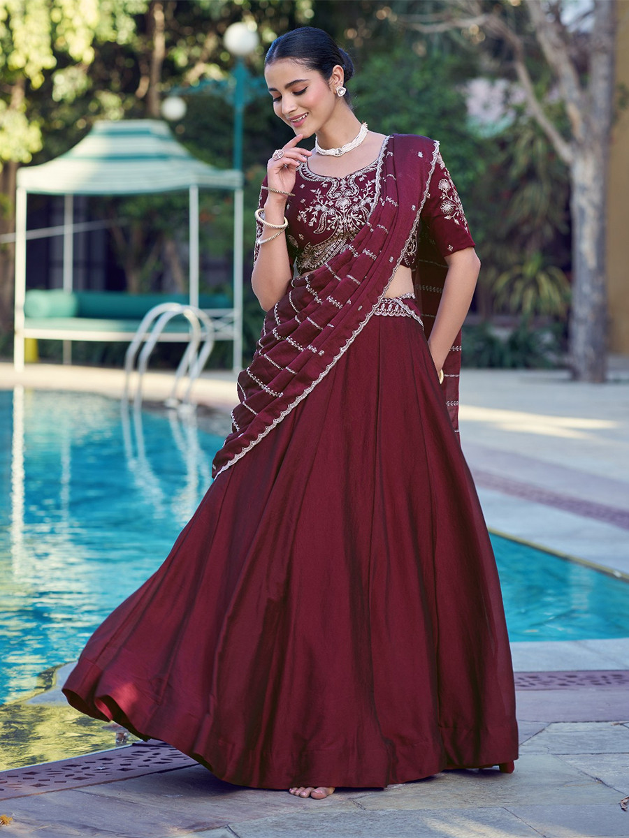 Maroon Rangoli Crush Silk Embroidery Sequins Wedding Reception Party Wear Festival Circular Lehenga Choli