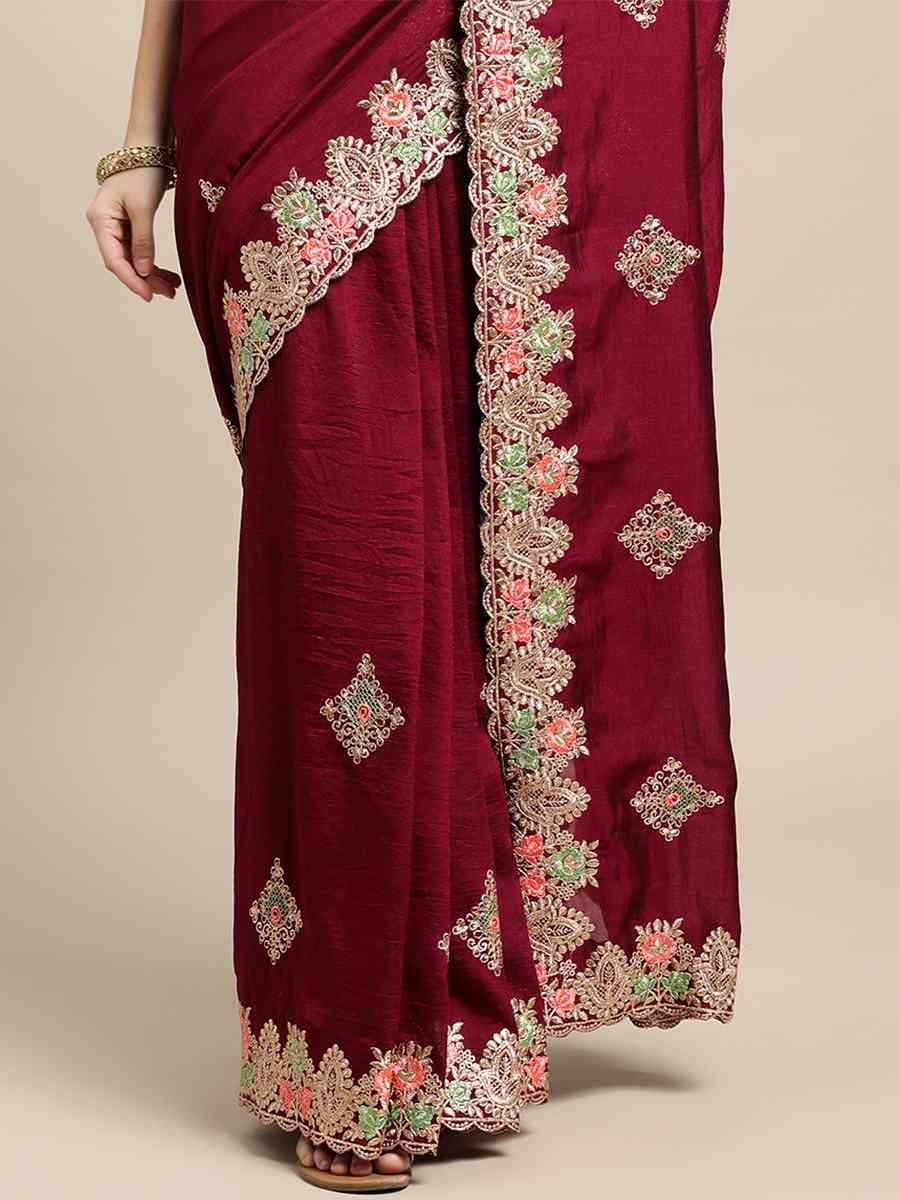 Maroon Rangoli Silk Embroidered Festival Wedding Heavy Border Saree