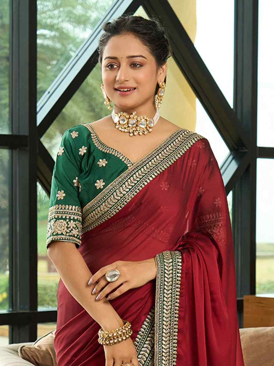 Maroon Rangoli Silk Embroidered Reception Party Heavy Border Saree