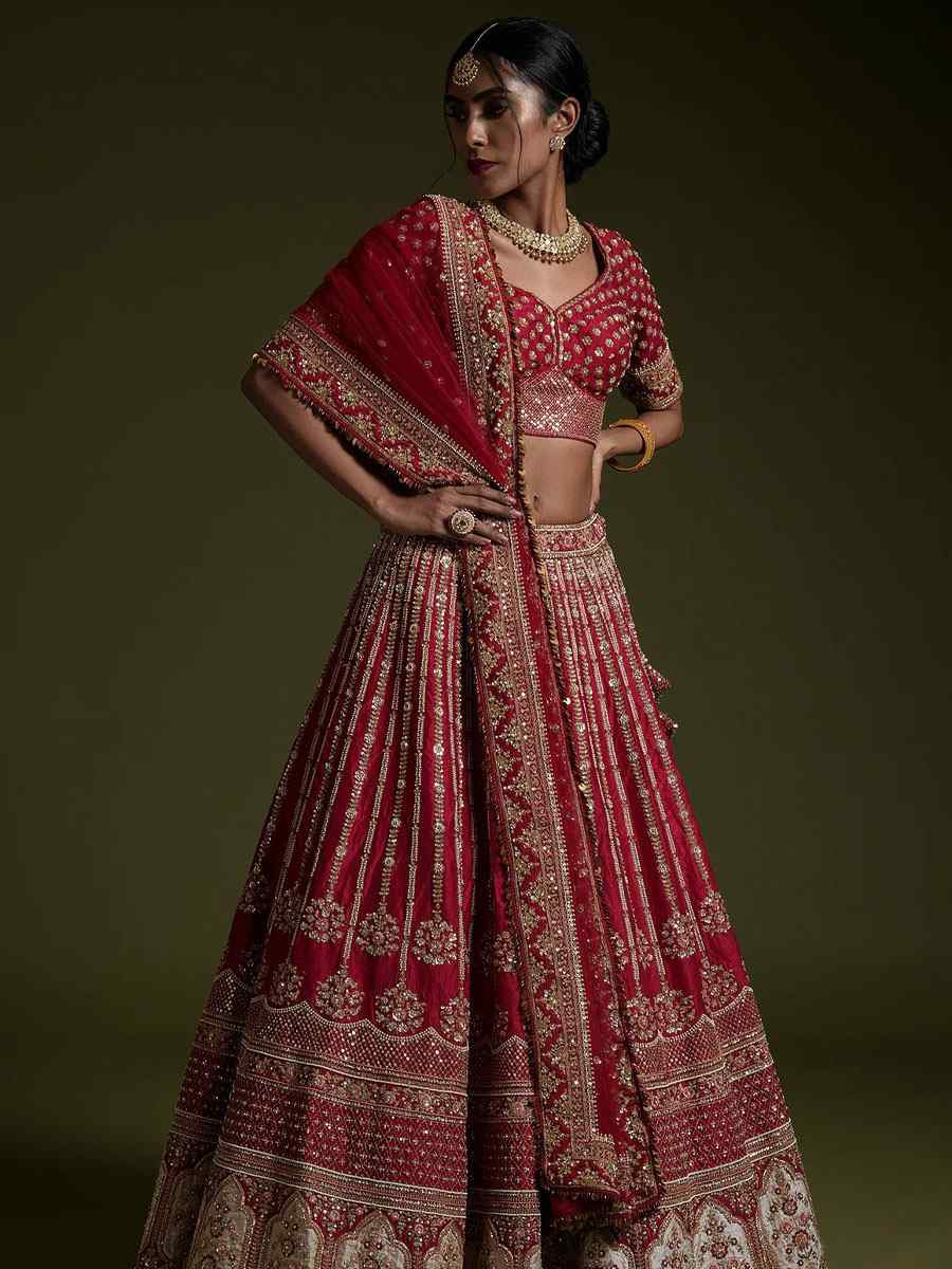 Maroon Rangoon Silk Embroidered Bridal Wedding Reception Festival Heavy Border Lehenga Choli