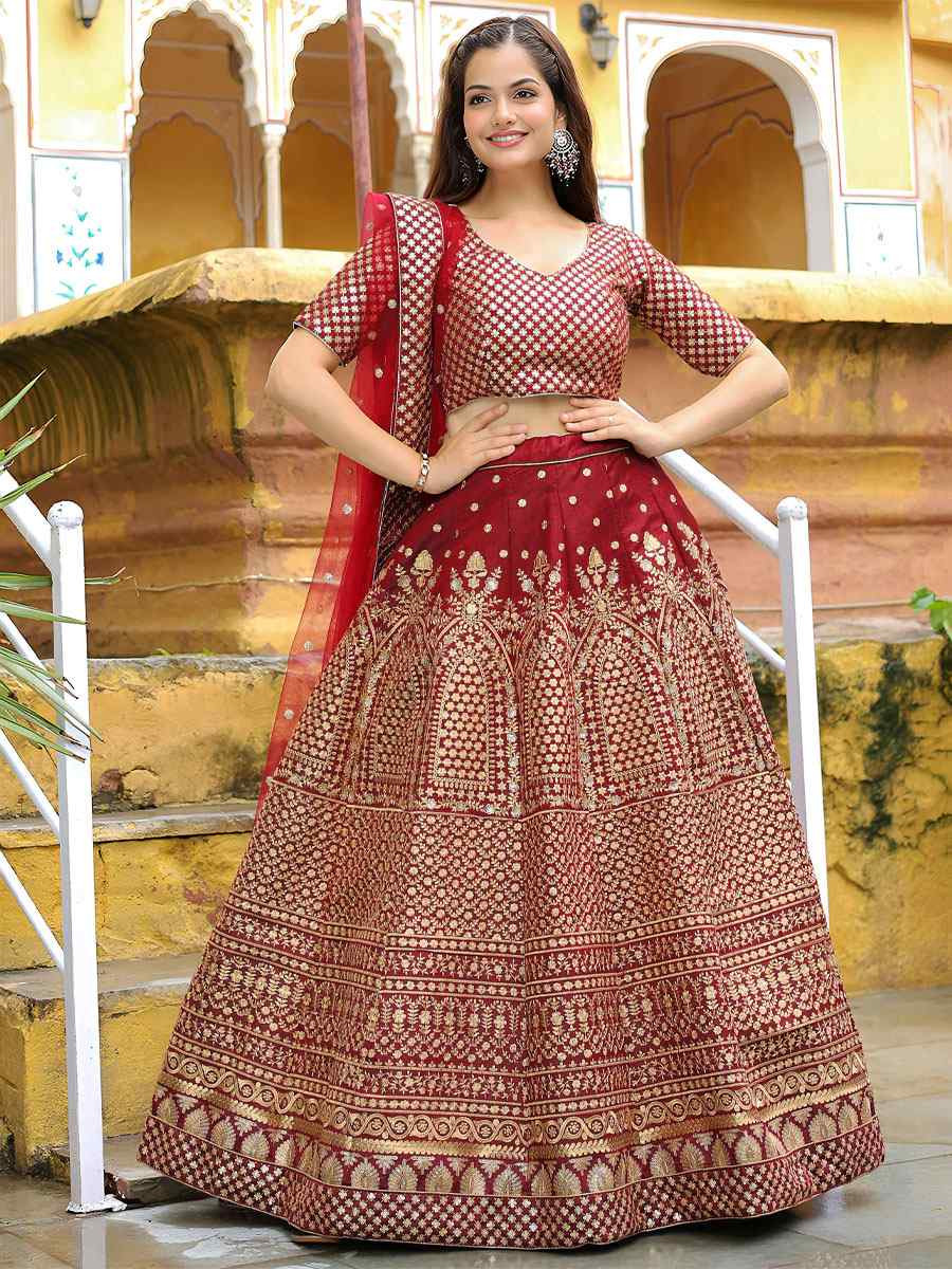 Maroon Raw Silk Embroidered Festival Wedding Party Reception Heavy Border Lehenga Choli