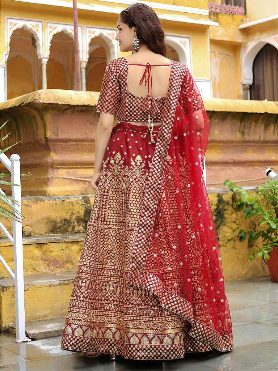 Maroon Raw Silk Embroidered Festival Wedding Party Reception Heavy Border Lehenga Choli