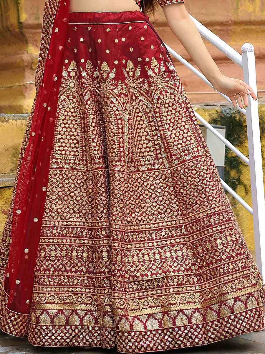 Maroon Raw Silk Embroidered Festival Wedding Party Reception Heavy Border Lehenga Choli